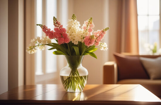 Flowers in a vase, room interior. Spring flowers in glass vase.