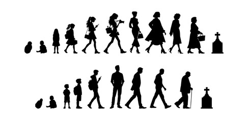 Fototapeta na wymiar Vector illustration. Silhouette of growing up man from baby to old age. Many people of different ages in a row. 