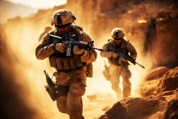 Group of Soldiers Marching Through Desert in Formation, United States Marine Corps Special forces soldiers in action during a desert mission, AI Generated