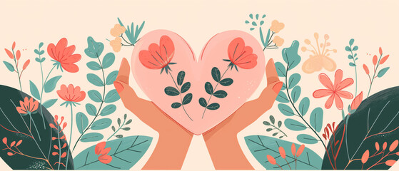 Vector style illustration featuring intertwined hands forming a heart shape, surrounded by delicate flowers and Valentine's Day motifs, ideal for banners, postcards, and posters
