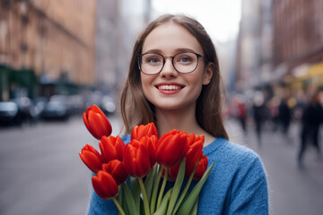 Fototapeta premium Portrait of beautiful woman holding red tulips in her hand. Against the backdrop of a big city. International Women's Day.