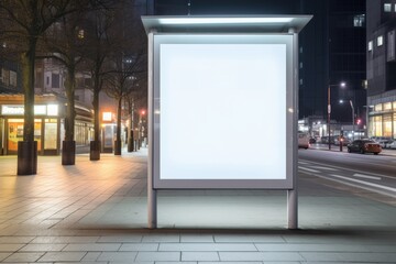 A large white billboard stands prominently on the side of a busy road, Vertical blank white billboard at a bus stop on a city street, AI Generated