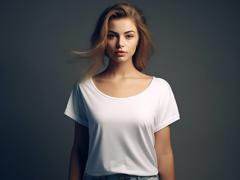 A brunette woman wearing a blank white T-shirt mockup with the ends of her hair swept in the wind. In front of a black background. Created with Generative AI.