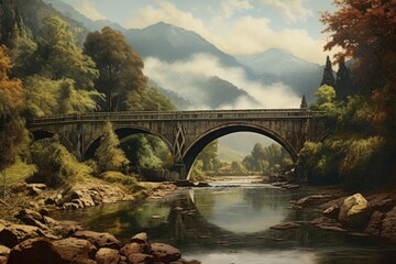 A realistic, detailed painting depicting a bridge gracefully stretching over a calm river, Vintage...