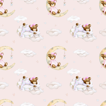 Baby seamless pattern on a beige background. Baby bear on the moon, on a cloud. Girl. Watercolor background. Childrens party, baby shower, birthday. Design of wallpaper, wrapping paper, fabric, cards.
