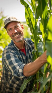 Portrait of a smiling white male corn farmer working in his corn field, generative AI, background image