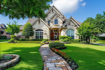 Obraz premium Beautiful luxury home exterior view on stunning curb appeal with colorful plants and cloud sky english country house landscaping.