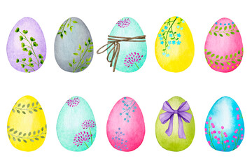 Collection of Watercolor Easter eggs in bright colors, decorated with floral patterns, ribbons, bows..
