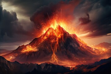 Witness a surreal sight as a colossal mountain spews forth a scorching blaze, creating an intense spectacle of natures fury, Volcanic Mountain In Eruption - 3D rendering, AI Generated - obrazy, fototapety, plakaty
