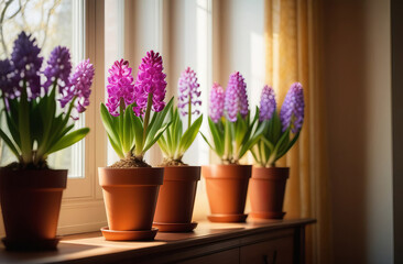 Beautiful spring flowers in pots on window sill.