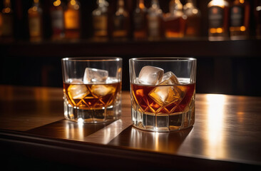 Glass of whiskey with ice cubes on the bar counter. Scotch whiskey, rum, or bourbon. - obrazy, fototapety, plakaty