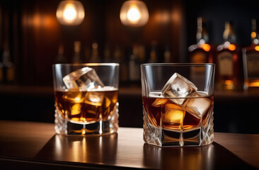 Glass of whiskey with ice cubes on the bar counter. Scotch whiskey, rum, or bourbon.