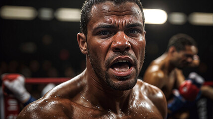 A male boxer with a fierce expression and sweat on his face. He has a cut above his left eye and is wearing red boxing gloves.