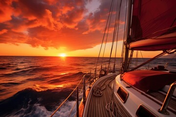 A stunning view of the sun setting over the ocean as seen from a sailboat, Yacht cruising at sunset, AI Generated