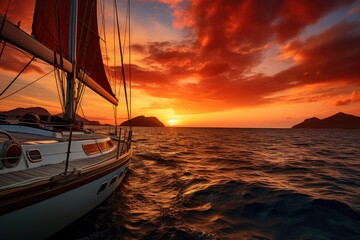 A serene sailboat glides through the Ocean at sunset, creating a picturesque scene with vibrant hues, Yacht cruising at sunset, AI Generated - obrazy, fototapety, plakaty