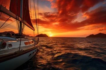 Deurstickers A serene sailboat glides through the Ocean at sunset, creating a picturesque scene with vibrant hues, Yacht cruising at sunset, AI Generated © Ifti Digital