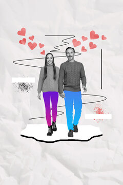 Vertical photo collage picture walking couple two lovers hold each other hands celebrate valentine day amour harmony feelings