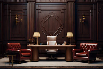 A home office space featuring rich mahogany wood paneling - obrazy, fototapety, plakaty