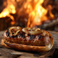 grilled sausage hotdog with seared onions served infront of the burning logs . generative ai