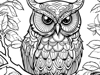 Wild bird, owl sits on a tree branch surrounded by leaves. Raster generative AI, black lines
