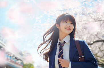 春　桜の前で微笑む女性