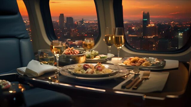The city skyline comes to life through the window of the private jet, adding to the ambience of the tail table set with sparkling glassware and exquisite d&Atilde;&copy;cor.