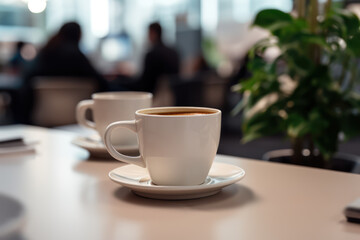 Fototapeta premium Coffee cup close-up on the table. Coffee break in business meeting or cafe. Cappuccino cup on the table. People in the blurred background.