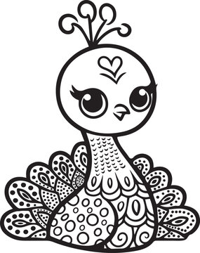 Cute Baby Peacock Line Art Vector Coloring Page 