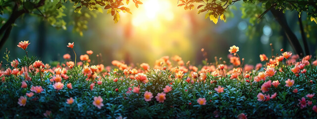 Obraz na płótnie Canvas Colorful spring flowers at sunset, banner