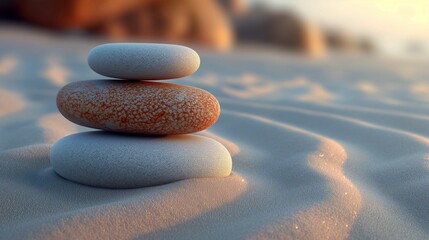 Fototapeta na wymiar Serene Zen Garden Aesthetic: Peach Fuzz Sand Texture with Smooth Stone Patterns, Calming Minimalist Design for Meditation and Relaxation
