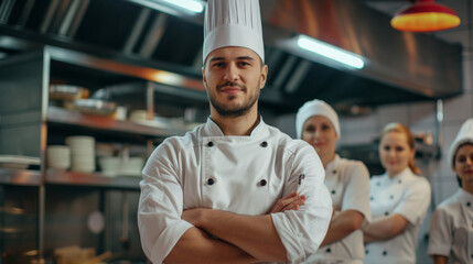 Head Chef at the kitchen standing proud with his team. Working in the kitchen and in a restaurant.