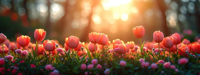 Fototapeten Colorful spring flowers at sunset, banner © stock_acc