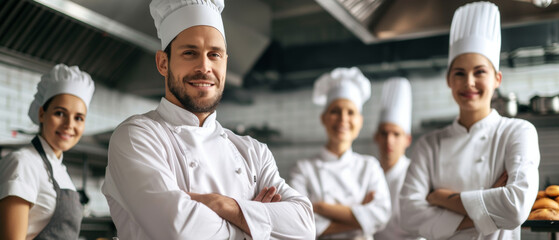 Head Chef at the kitchen standing proud with his team. Working in the kitchen and in a restaurant. - obrazy, fototapety, plakaty
