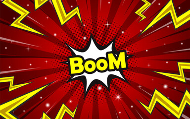 Boom isolated comic text speech bubble. Halftone vector illustration banner.