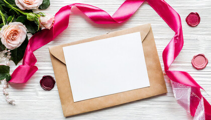 Card near pink decorations, seals and silk ribbons on white table top view, wedding mockup
