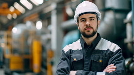 Heavy industry worker wearing hard hat and safety uniform. The engineer carries out maintenance operations on the factory machinery.