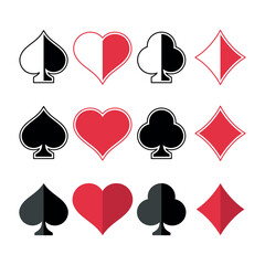 Playing card suits outline filled and half shadow