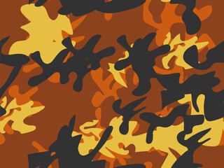 Abstract Vector Background. Black Camo Print. Military Army Grunge. Orange Vector Pattern. Yellow Camo Brush. Dirty Camouflage Seamless Print. Yellow Fabric Pattern. Modern Orange Abstract Camouflage