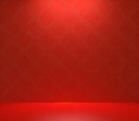 Red podium or pedestal display on red background. Blank product shelf standing backdrop. Red Wall.