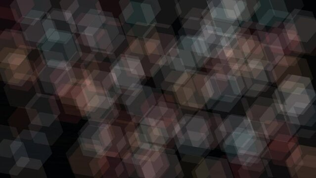 Animation of sharp muted hexagons bokeh slowly drift with flicker