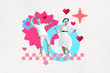 Collage picture of two cheerful carefree aged people enjoy dancing chilling painter hearts star flower isolated on paper background