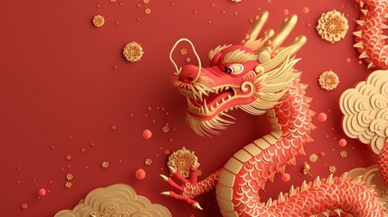 Happy Chinese New Year 2024, the zodiac sign of the dragon festival traditional banner with original colors in high definition and quality. Chinese new year 2024 concept with a big red dragon