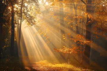 autumn sunbathing across a forest - obrazy, fototapety, plakaty