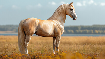 Exterior of palomino horse with two white legs and white line of the face isolated 
 - obrazy, fototapety, plakaty