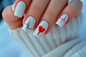 White color nail manicure on St. Valentine s Day with hearts