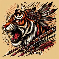vector illustration of a tiger, with sharp eyes and shiny fur. shading and highlighting techniques. simple and minimalist
