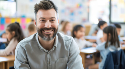 Obraz premium Happy male elementary school teacher. Students are in classroom behind him in a blurry background. Fun and enjoyable learning, love for education concept.