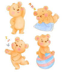 Watercolor cute bear cartoon character design collection with different on white background. Vector illustration	