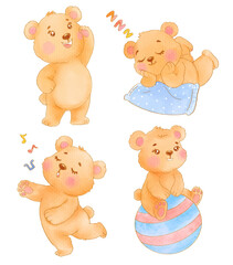 Fototapeta premium Watercolor cute bear cartoon character design collection with different on white background. Vector illustration 
