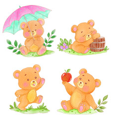 Watercolor cute bear cartoon character design collection with different on white background. Vector illustration	